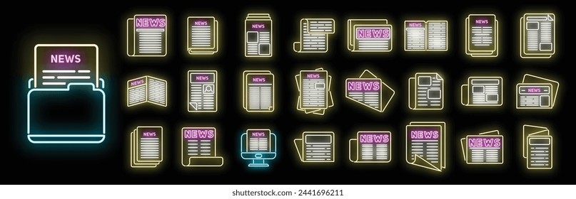 Newspaper icons set outline vector. Stack magazine. Paper pile neon color on black