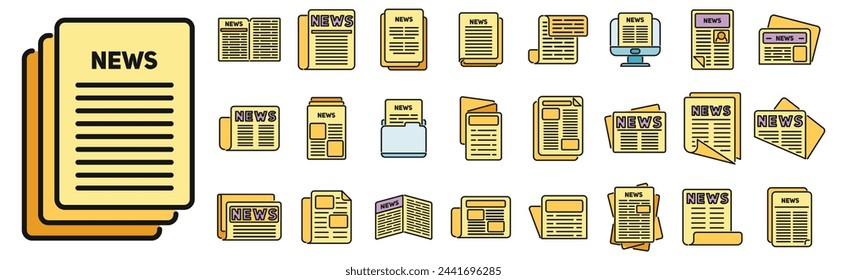 Newspaper icons set outline vector. Stack magazine. Paper pile thin line color flat isolated