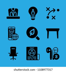 newspaper, idea, strategy, desk chair, table, boss, search, earphones and smartphone vector icon. Simple icons set