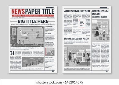 Newspaper layout. News column articles newsprint magazine design. Brochure newspaper sheets. Editorial journal vector press printwith abstract text and daily advertising construction template