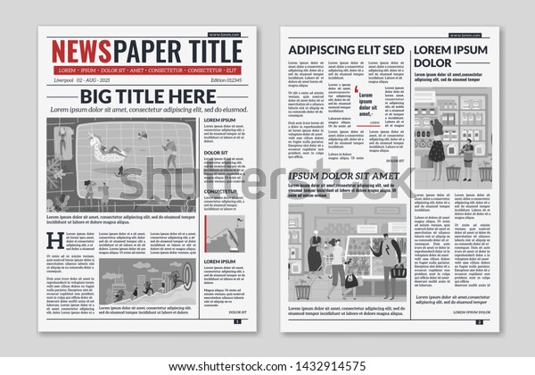 Newspaper layout. News column articles newsprint\
magazine design. Brochure newspaper sheets. Editorial journal\
vector press printwith abstract text and daily advertising\
construction\
template