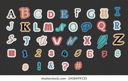 Newspaper letters, numbers and punctuation marks collection. Vintage isolated vector illustration