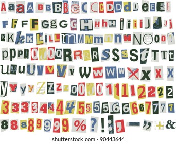 Newspaper letters, numbers and punctuation marks, vector illustration - Shutterstock ID 90443644