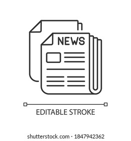 Newspaper linear icon. Mass media, postal service, journalism thin line customizable illustration. Daily paper delivery. Contour symbol. Vector isolated outline drawing. Editable stroke