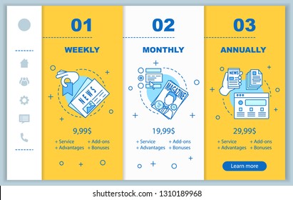 Newspaper, Magazine Subscription Onboarding Mobile App Screens With Service Prices. Periodical Publications Walkthrough Website Pages. Weekly, Monthly Tariff Plans Steps. Smartphone Payment Web Layout