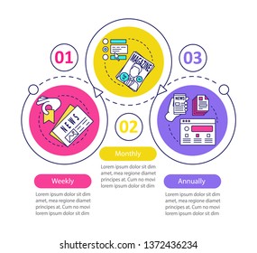 Newspaper, magazine subscription vector infographic template. Weekly, monthly tariff plans. Data visualization with three steps and options. Process timeline chart. Workflow layout with icons