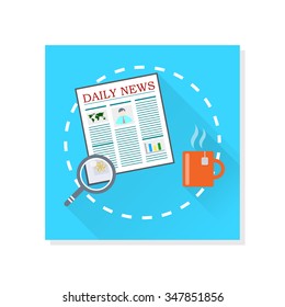 The newspaper, magnifier and tea vector illustration.