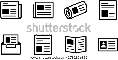 Newspaper and media publication icon set, Printed news articles and journalism document symbols, Press and editorial silhouette collection