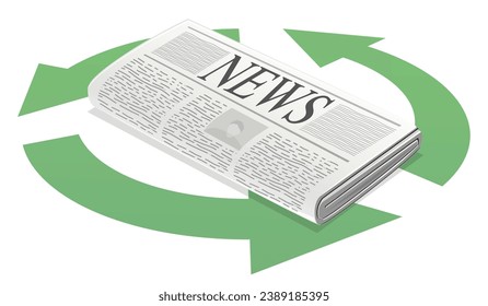 Newspaper in the middle of a green symbol with three recycling arrows