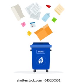 Newspaper, milk package, box, calendar, stickers, documents flying over a trash basket vector flat material design isolated on white