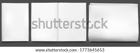 Newspaper mockup. Blank sheet of tabloid newsprint magazine folded in half. Paper realistic front and facing pages, open empty template. Daily press or mass media concept. Journal vector illustration