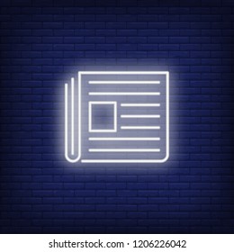 Newspaper neon sign. Glowing neon paper on dark blue brick background. Vector illustration for news, printing topics, online magazines and paper editions