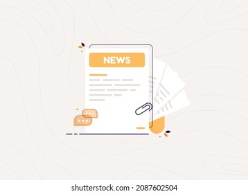 Newspaper with news. Daily or weekly breaking news. Sheets of paper with header. Flat design icon in cartoon style. Yellow press