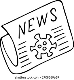 Newspaper with news. Information about the outbreak of coronavirus infection COVID-19. Virus on the cover of a print publication. Outline on an isolated background. Vector. Doodle style. Sketch.