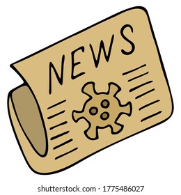 Newspaper with news. Information about the outbreak of coronavirus infection COVID-19. Virus on the cover of a print publication. Vector illustration. Isolated white background. Fresh circulation. 