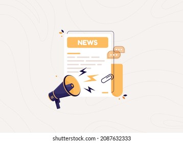 Newspaper with news with megaphone. Daily or weekly breaking news. Sheets of paper with header. Flat design icon in cartoon style. Yellow press