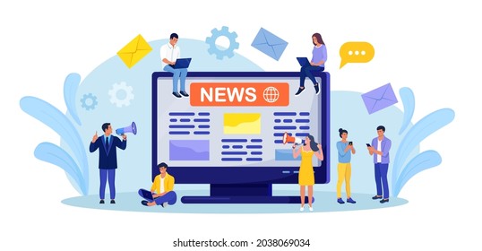 Newspaper or news paper on computer screen. People reading world news magazine on digital device. Online media business concept. Man and woman announces news by megaphone. Vector illustration