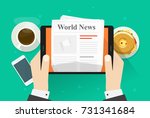Newspaper or news paper on digital tablet vector illustration, flat person hands reading world news magazine on electronic device, idea or coffee break or lunch, business breakfast table top view