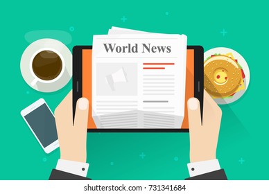 Newspaper or news paper on digital tablet vector illustration, flat person hands reading world news magazine on electronic device, idea or coffee break or lunch, business breakfast table top view