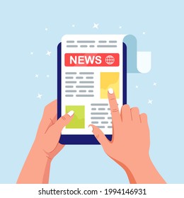 Newspaper or news paper on tablet pc screen. Man reading world news magazine on digital device. Online media business concept. Vector illustration