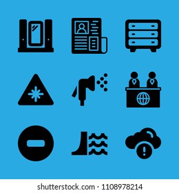 newspaper, news reporter, dam, laser, watering, no entry, mirror, chest of drawers and information vector icon. Simple icons set
