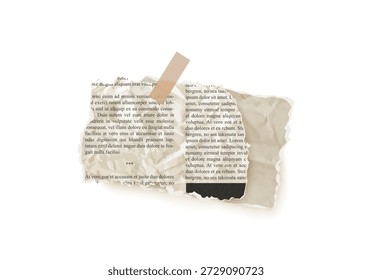 Pieza de Vector de nota de periódico con textura de lágrima vintage. El recorte de artículos rasgados cuenta con cinta adhesiva adhesiva adhesiva para collage de noticias. Marco de papel arrugado.