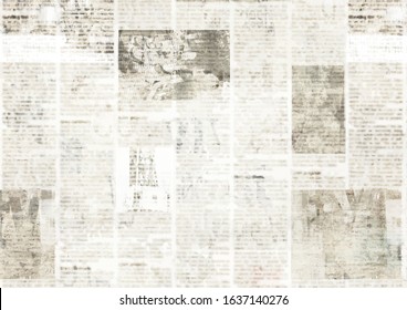 Newspaper with old unreadable text. Vintage grunge blurred paper news texture horizontal background. Textured page. Gray collage. Space for text.