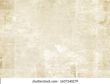 Newspaper with old unreadable text. Vintage grunge blurred paper news texture horizontal background. Textured page. Sepia collage. Front top view.
