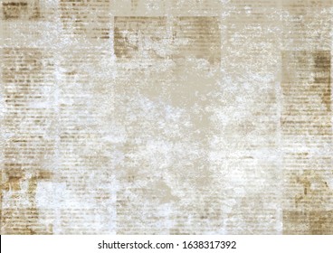 Newspaper with old unreadable text. Vintage grunge blurred paper news texture horizontal scratched background. Textured page. Sepia collage. Front top view.