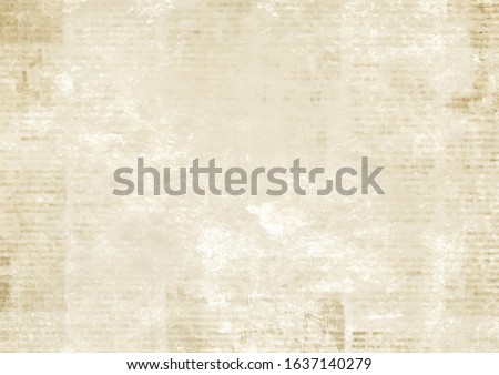 Newspaper with old unreadable text. Vintage grunge blurred paper news texture horizontal background. Textured page. Sepia collage. Front top view.