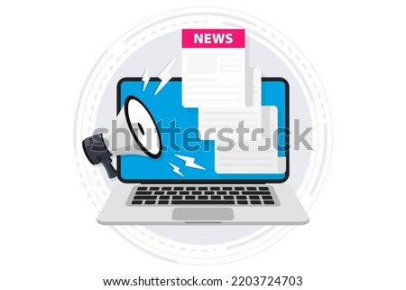 Newspaper on laptop screen. Online news. Reading news on the computer screen. Daily or weekly breaking news. News web page, information about events, activities. Worldwide media in your device
