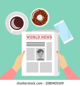 Newspaper on tablet for breakfast or lunch.