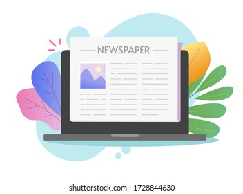 Newspaper online digital vector in laptop computer or pc electronic news paper text article as website internet daily press magazine page flat cartoon illustration, journal media concept colorful