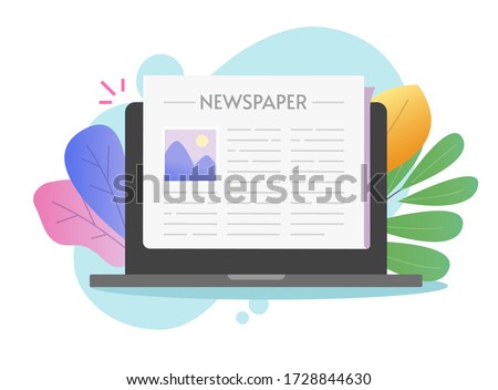 Newspaper online digital vector in laptop computer or pc electronic news paper text article as website internet daily press magazine page flat cartoon illustration, journal media concept colorful