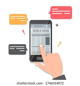 Newspaper online reading concept. Man hand flips through the news on a smartphone newa app. Vector illustration isolated on white background