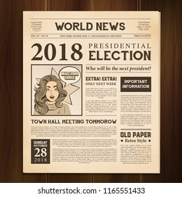 Newspaper page 2018 presidential election world news article realistic vintage style  against dark wood background vector illustration 