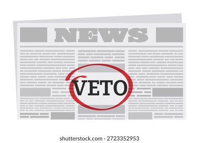 Página de periódico anunciando un veto, resaltado con un círculo rojo. Ilustración vectorial.