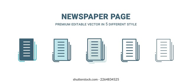 icono de página de periódico de 5 estilos diferentes. Esquema, relleno, icono de página de periódico delgado de dos colores aislado en fondo blanco. El vector modificable se puede usar web y móvil
