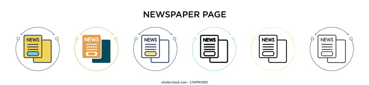 Newspaper page icon in filled, thin line, outline and stroke style. Vector illustration of two colored and black newspaper page vector icons designs can be used for mobile, ui, web