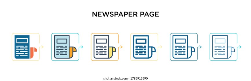 Newspaper page vector icon in 6 different modern styles. Black, two colored newspaper page icons designed in filled, outline, line and stroke style. Vector illustration can be used for web, mobile,
