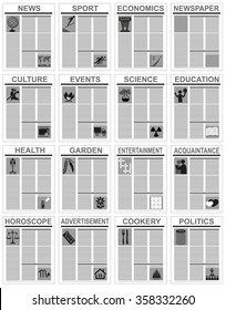 newspaper pages with different partitions on a white background