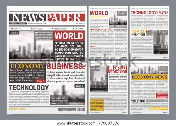 世界を駆け巡るニュース経済技術とビジネスの見出しのリアルなベクターイラストを使った新聞ページテンプレートデザイン のベクター画像素材 ロイヤリティフリー