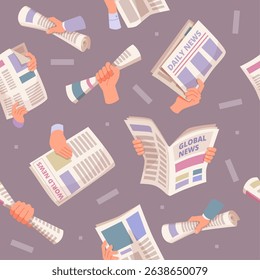 Newspaper pattern. hands holding newspaper pages. vector seamless background
