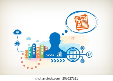 Newspaper and person with bubbles for dialogue. Think and decide.