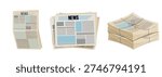 Newspaper pile, stack of magazines. News representing newspapers folded, news publications. Headline banner on the front page represents journalism, news, and print media.