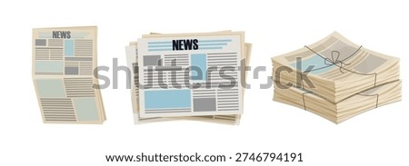 Newspaper pile, stack of magazines. News representing newspapers folded, news publications. Headline banner on the front page represents journalism, news, and print media.