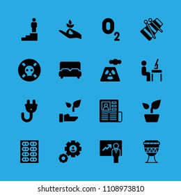 newspaper, plant, workspace, presentation, plant, power plant, settings, promotion and xylophone vector icon. Simple icons set