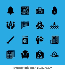 newspaper, presentation, oboe, panpipe, radio, armchair, medicine, turntable and animal solidarity vector icon. Simple icons set