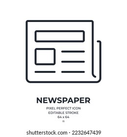 Newspaper and press concept editable stroke outline icon isolated on white background flat vector illustration. Pixel perfect. 64 x 64.