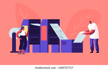 Newspaper Production Process in Typography. Print House Workers Working with Printing Machine Put Paper inside and Getting Fresh Publishing. Press Media Industry Job. Cartoon Flat Vector Illustration